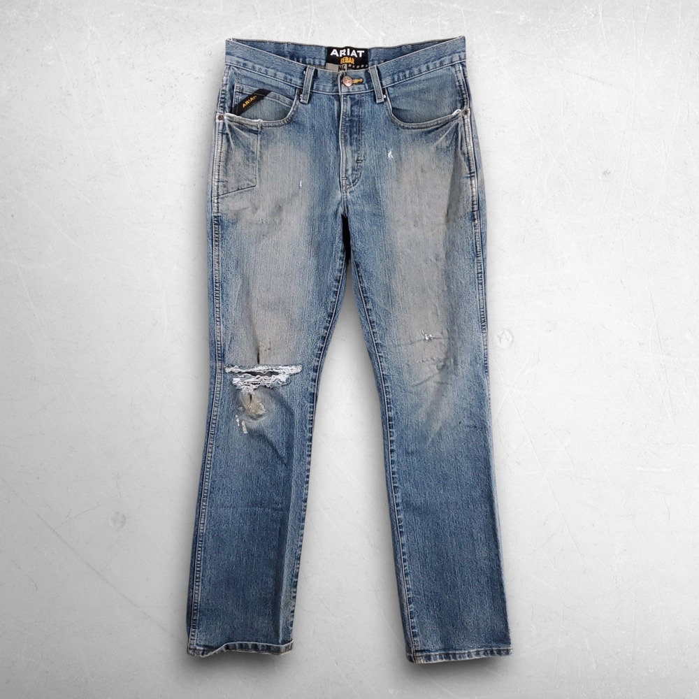 Ariat Rebar M4 Low Rise Bootcut Work Jeans Men 32x34 Blue Distressed Workwear